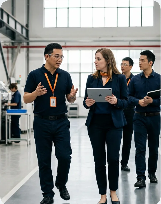 Toplink buyers walking a factory floor with a client