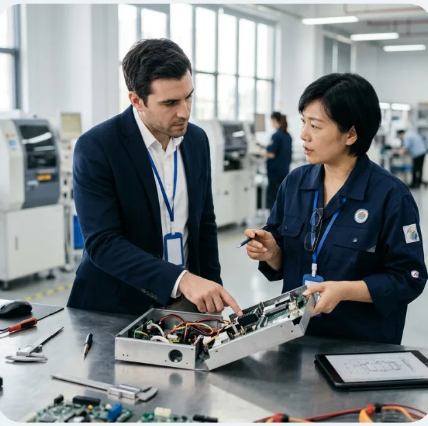 Engineer and buyer checking an electronic assembly